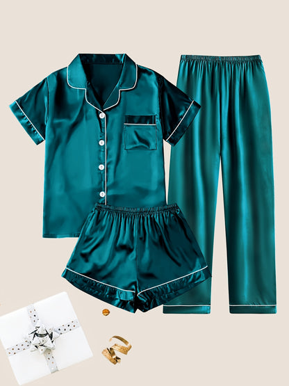 Women'S Solid Satin Casual Pajama Set, Short Sleeve Buttons Lapel Top & Shorts & Pants, Comfortable Relaxed Fit