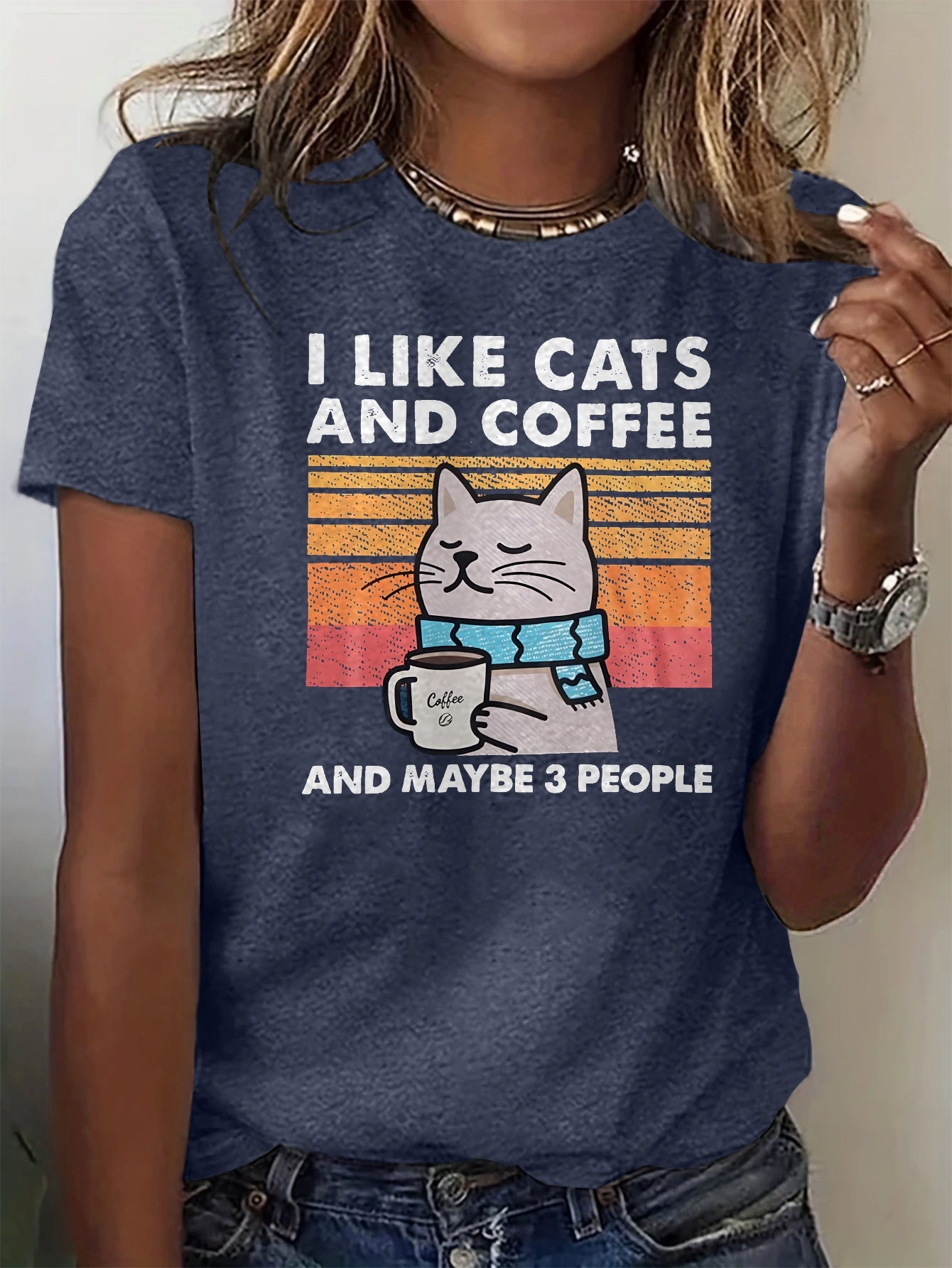 Women'S T-Shirt Featuring a Cartoon Cat with a Blue Scarf, Designed with a Trendy Print. It'S Soft, Comfortable, And Gentle on The Skin, Making It Perfect for Casual And Sporty Looks. This Versatile Round-Neck