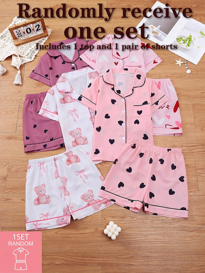 Random 1 Set!Girls' Lapel Pajama Set, Short-Sleeve Top And Elastic-Waist Shorts, Taro Purple Hearts, Light Pink Hearts, White with Teddy Bears And Bows, Pink with Black Hearts. Soft, Skin-Friendly Bubble Crepe for Cozy Home Wear