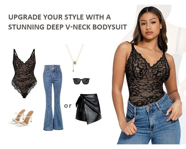 FeelinGirl Shapewear Bodysuits for Women Lace Shapewear Tummy Control V-Neck Sleeveless Bodysuit Tops Jumpsuit