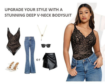 FeelinGirl Shapewear Bodysuits for Women Lace Shapewear Tummy Control V-Neck Sleeveless Bodysuit Tops Jumpsuit