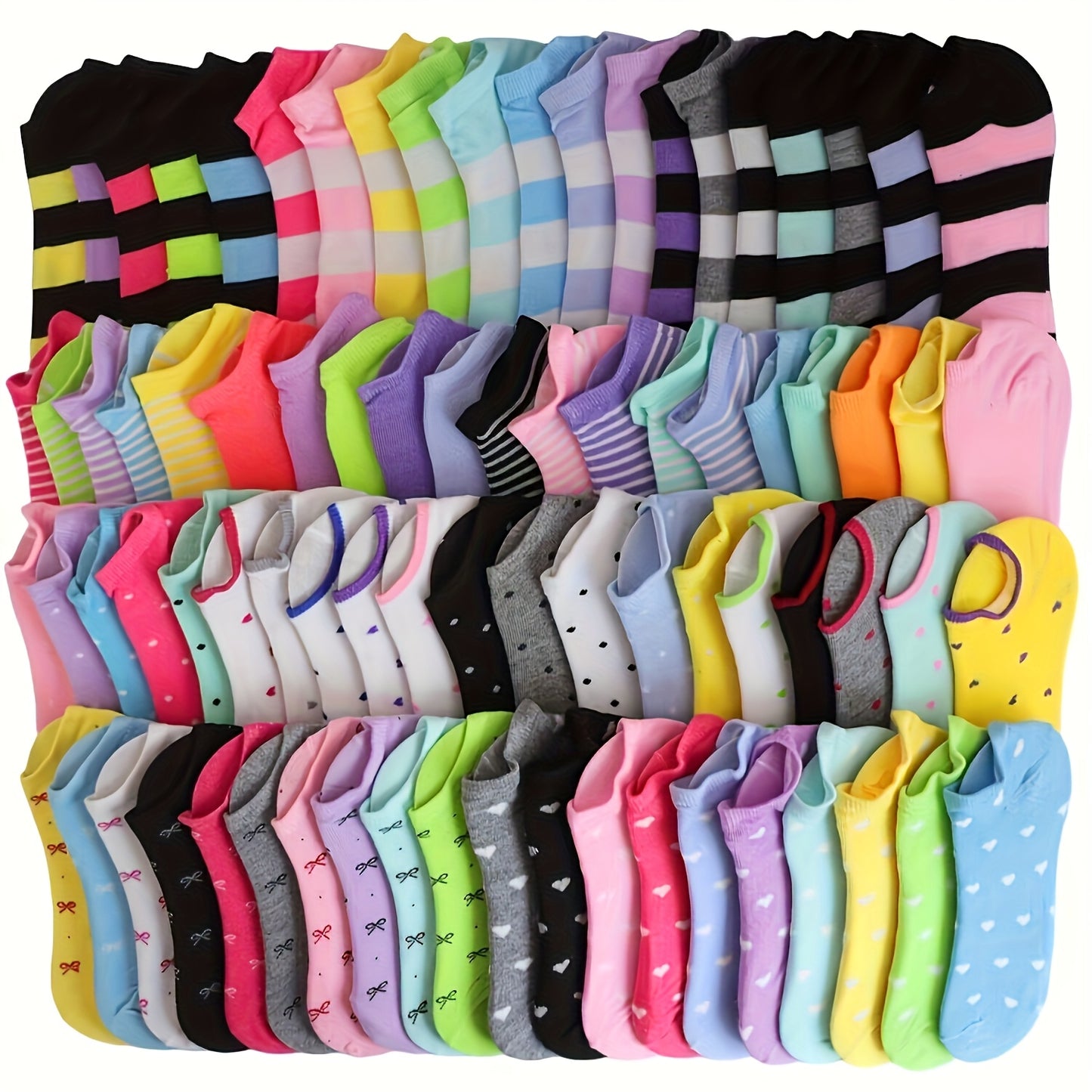 20 Pairs Of Cute Boat Socks with Mixed Color Heart/stripe Patterns, Ribbed Low Cut Design, Suitable for Daily Wear In Various Places, Holiday Gifts, Giving to Lovers And Friends, Soft And Breathable Candy Socks