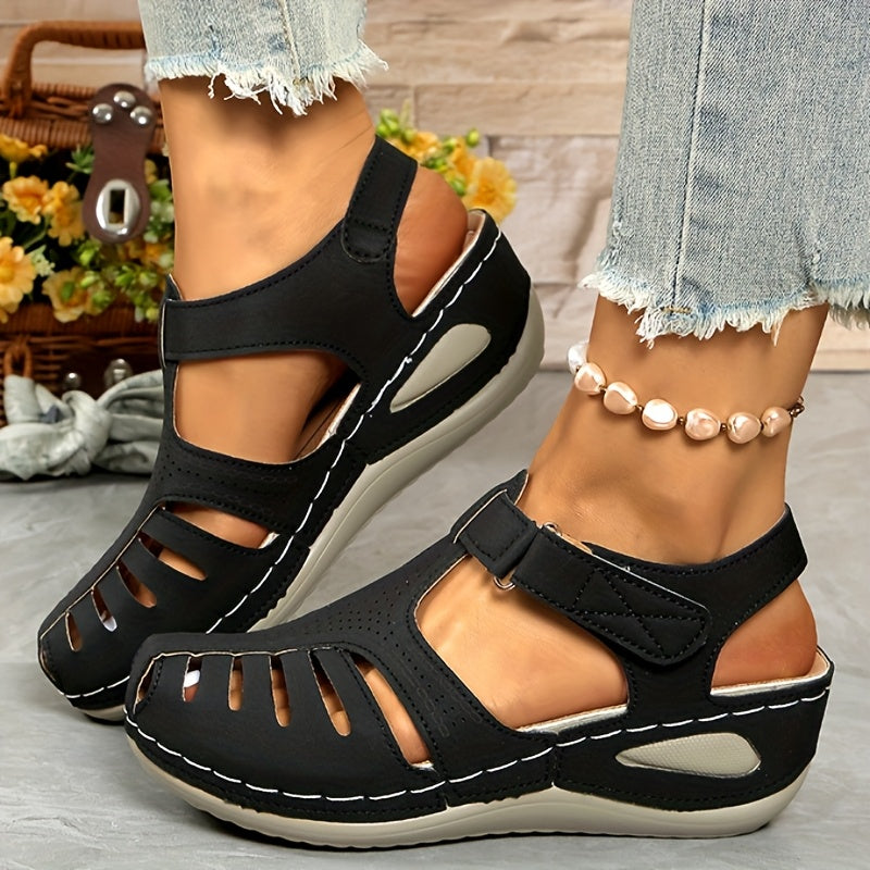 Ladies Leisure Wedge Sandals | White Synthetic Cover | Middle Heel With Round Head Hollowed Out Design | Breathable And Comfortable | Wear All Season | Easy To Buckle And Close | Durable PU Sole | Fashion Versatile Shoes And Lace-up Sandals.