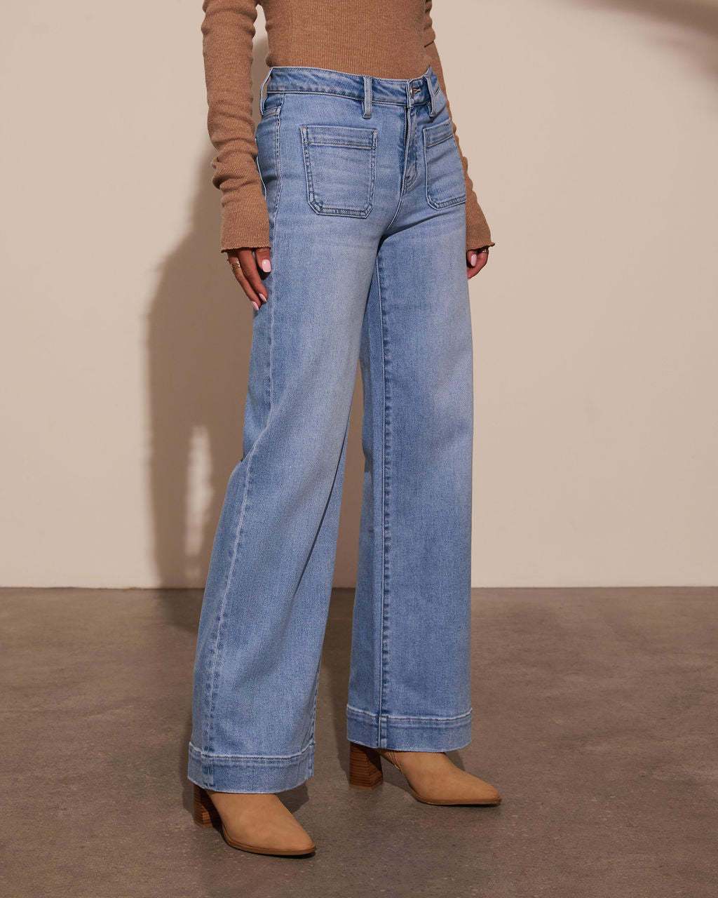 1pc Women'S High-Waist Wide-Leg Jeans, Vintage Wash Trousers with Pocket Detail, Trendy Loose-Fit Pants Casual Outfits