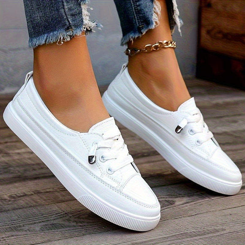 [Non-Slip White Sneakers] Women's Non-Slip White Fashion Sneakers - Wide Toe Lace-Up PU Skate Shoes, Lightweight and Wear-Resistant Outsole Wide-Fit Comfortable Casual Shoes, Shock-Absorbing Soles, Suitable for Daily Commute, Campus, Travel, Outdoor Activ