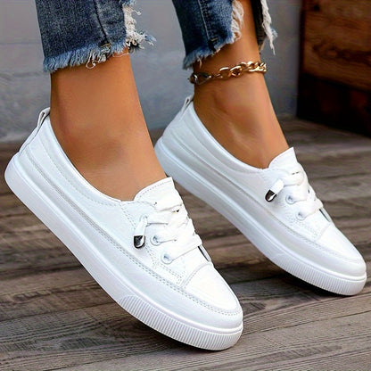 [Non-Slip White Sneakers] Women's Non-Slip White Fashion Sneakers - Wide Toe Lace-Up PU Skate Shoes, Lightweight and Wear-Resistant Outsole Wide-Fit Comfortable Casual Shoes, Shock-Absorbing Soles, Suitable for Daily Commute, Campus, Travel, Outdoor Activ