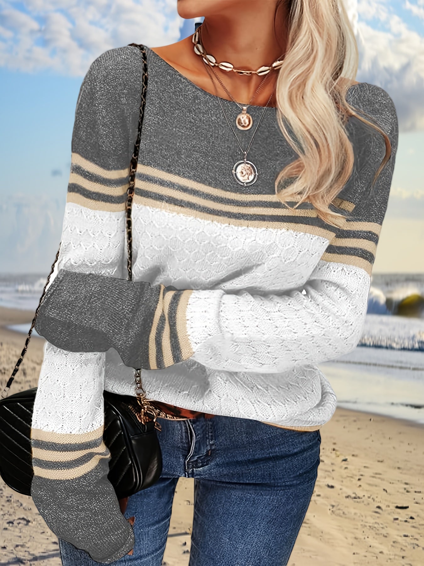 Women Autumn Winter Colorblock Pullover Sweaters Round Neck Striped Slim Fitting Knitwear Tops
