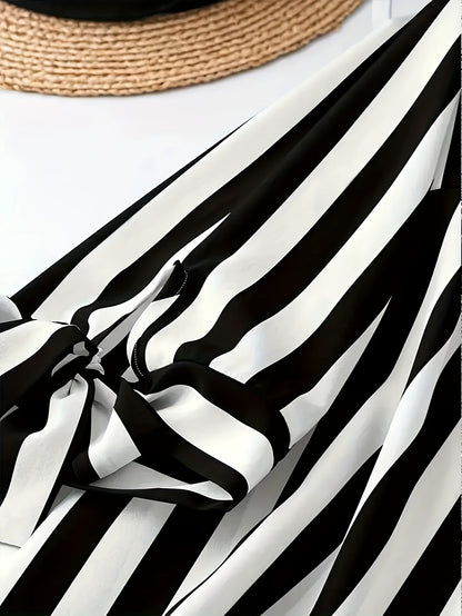 Plus Size, Black & White Striped Top And Pants Set: V - Neck Shirt with Bow - Tied Sleeves, Flared Trousers. Bold Striped Pattern, Loose Fit. Versatile for Office Or Casual Outings. Stylish Coordinated Ensemble