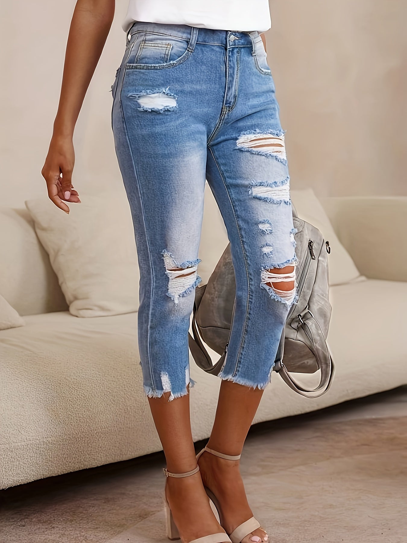 Women's High-Waisted Stretch Denim Capri Pants - Mid-Rise Slim Fit Straight-Leg Ripped Jeans with Distressed Details, Machine Washable Streetwear Style for All-Season Casual Wear
