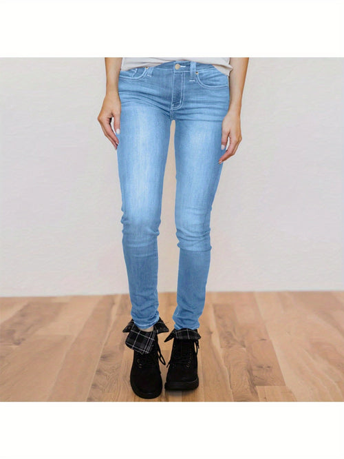Women's Mid-Rise Butt-Lifting Skinny Jeans - 2025 Summer Color Block Stitching, European & American High Street Fashion, Stretch Denim with Pockets, All-Season Figure-Flattering Jeans for Everyday & Night Out, Comfortable Fashion | Medium Elasticity