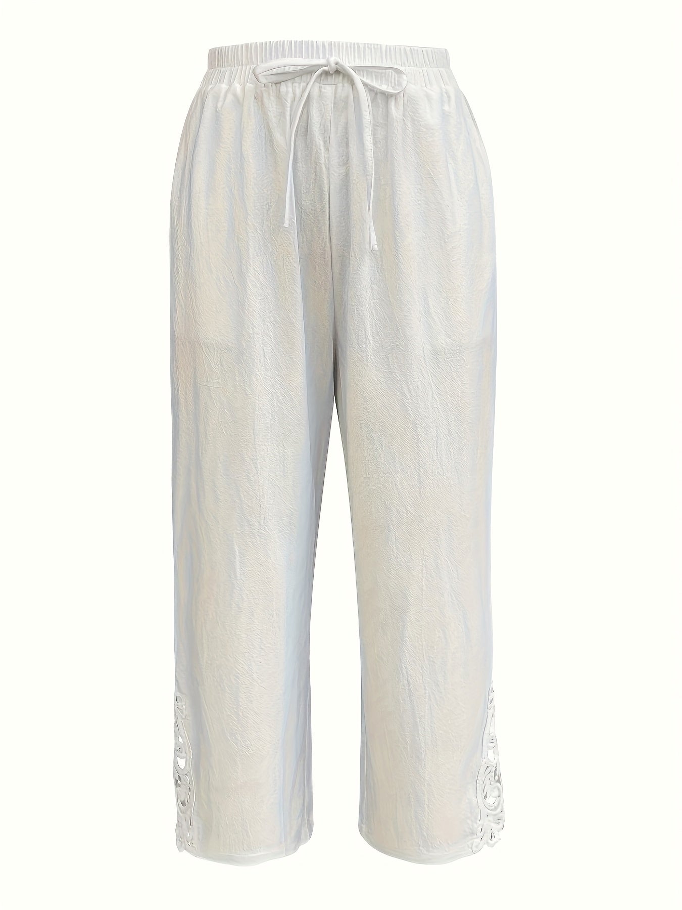 White Lace Trimmed Harem Pants - Drawstring Waist Wide Leg Palazzo with Side Pockets | Women's Boho Vacation Trousers