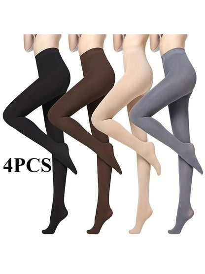 4-Pair Women's Full-Length Winter Warmth Solid Color Tights - High-Elasticity Non- Leggings Suitable for,, Daily Wear - Machine Washable & Hand Washable Elegant Fit & Performance Enhancing