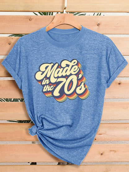 Women'S Summer Retro 70s Printed Crew Neck T-Shirt, Loose Fit, Comfortable Fabric, Daily Casual Top