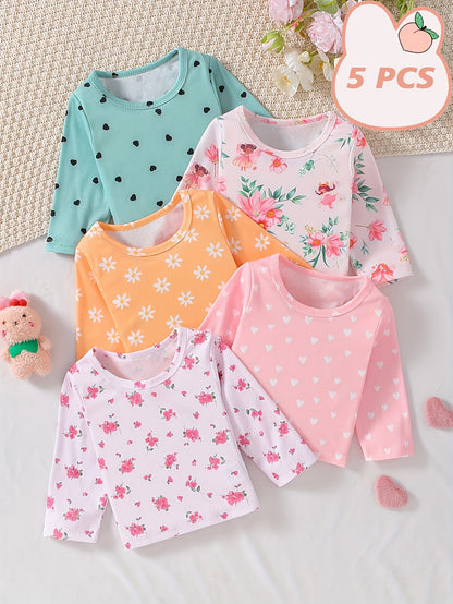 Girls' Clothing | School Season Gifts | Baby Girl Clothing | Baby Girl T-shirt | Baby Girl Spring/summer Casual Cute Flower Heart Print Long-sleeved Round-neck T-shirt (5pcs Set) | School Season | Valentine's Day