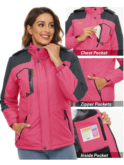 Women'S Warm Ski Jackets Winter Windproof Thermal Fleece Lined Coats Outdoor Detachable Hooded Heavy Weight Thick Jacket Camping Climbing Traveling Snowboard Windbreaker