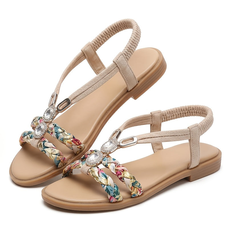 Women's Summer Boho Sandals 2026 - Floral Print Braided Elastic Slingback Comfort Flat Shoes, Casual Open Toe Trendy Beach Vacation Everyday Lightweight Footwear, Ideal Mother's Day Gift US Fast Delivery, Women Shoes