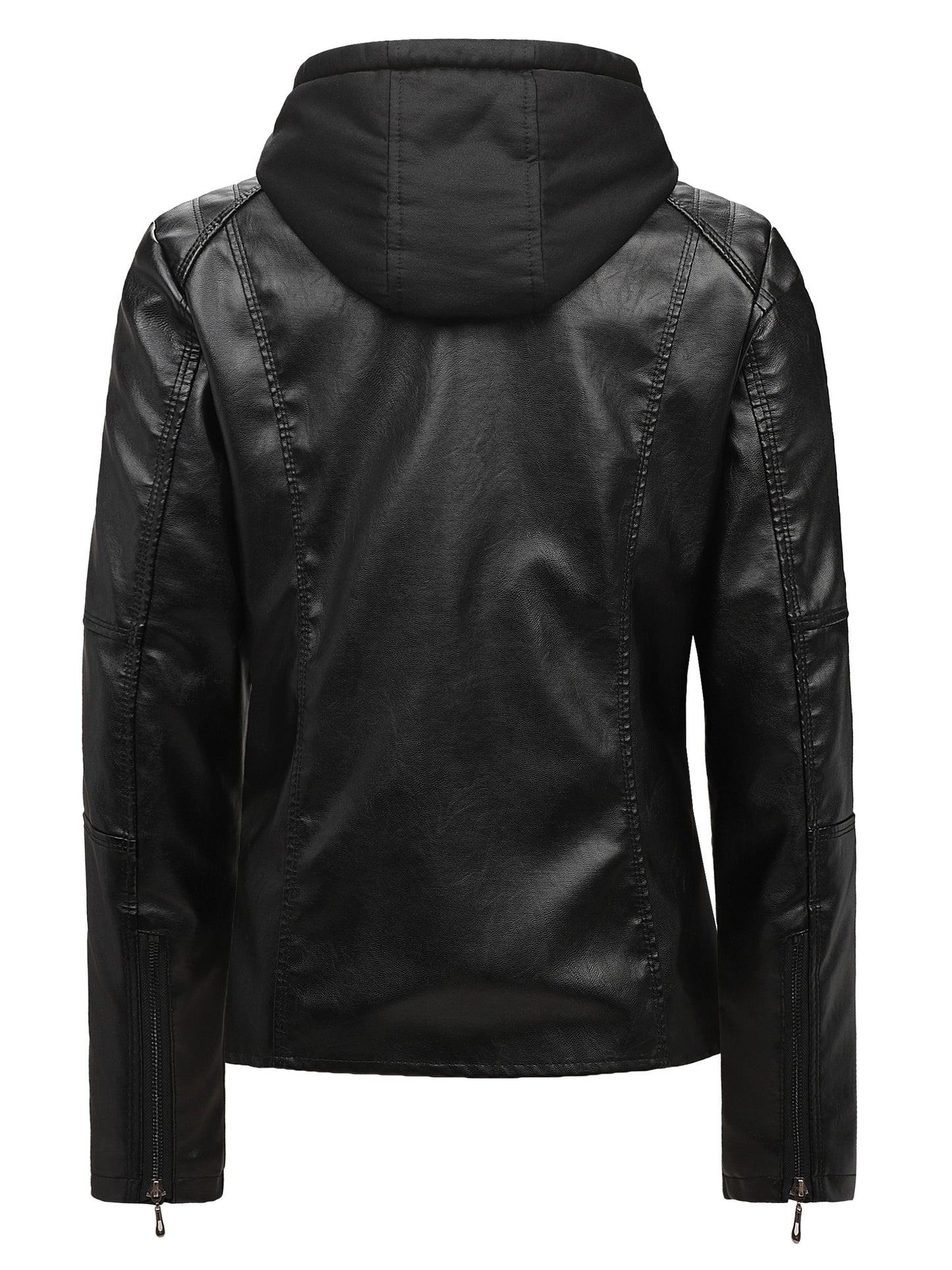 Women's Black Hooded PU Leather Jacket, Slim Fit Motorcycle Style Coat for Fall & Winter, Casual Windproof Outerwear with Removable Hood