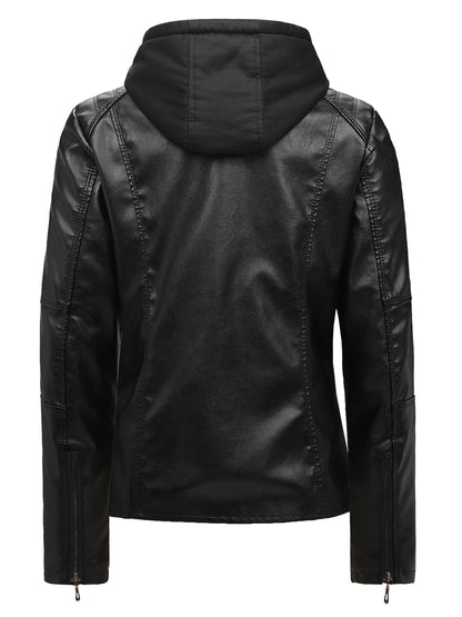Women's Black Hooded PU Leather Jacket, Slim Fit Motorcycle Style Coat for Fall & Winter, Casual Windproof Outerwear with Removable Hood