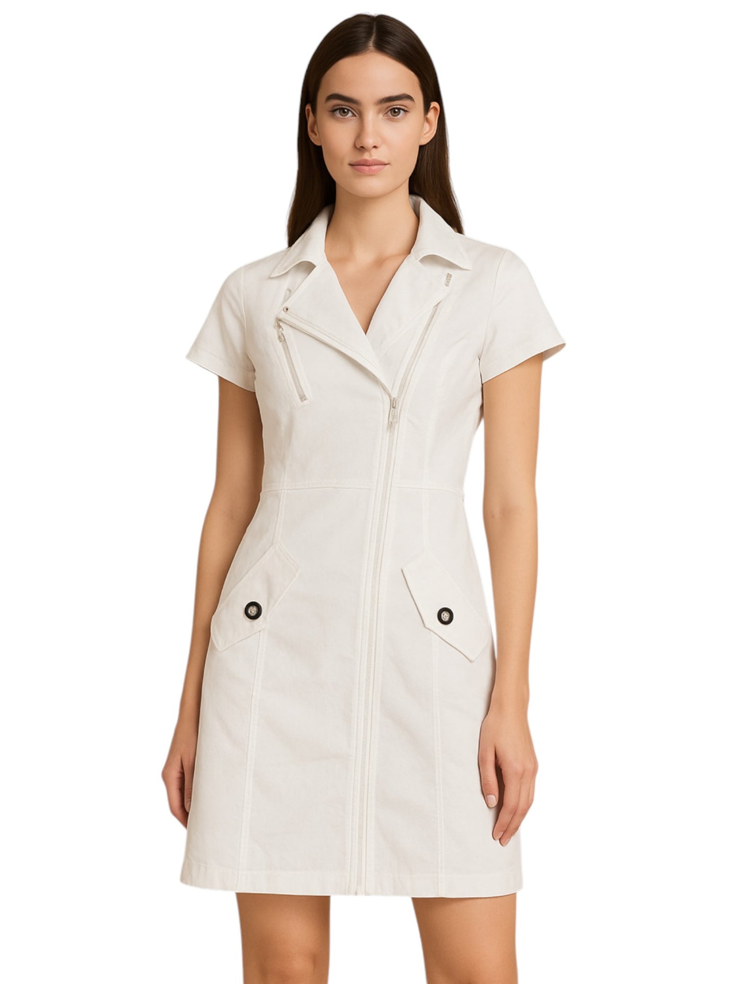 Women's Short Sleeve Zip-Up Utility Dress with Functional Front Pockets and Stylish Notched Collar – Lightweight and Breathable Fabric – Modern Tailored Fit for Casual, Work, or Weekend Wear – Versatile Shirt Dress Style with Full-Length Zipper and Define