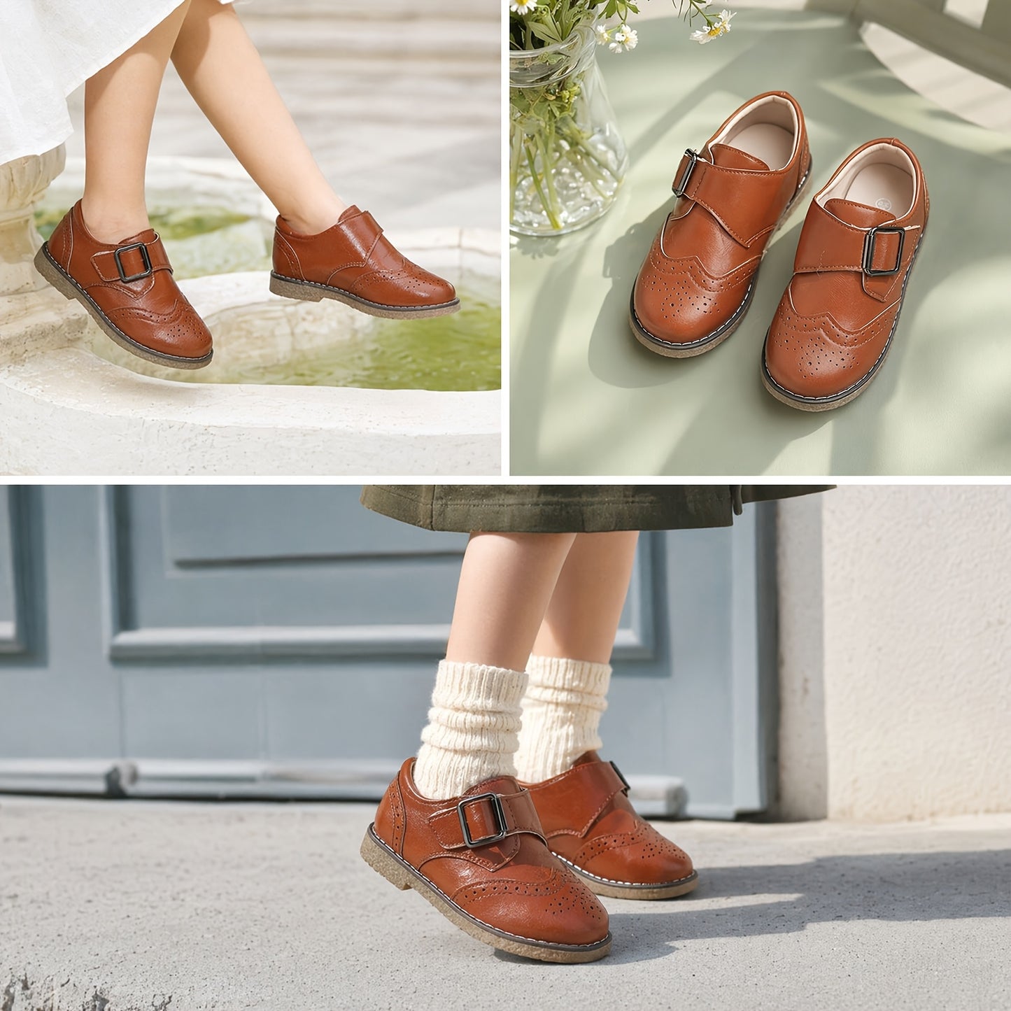 Toddler Little Big Boys Girls Oxford Dress Shoes, Brown Brogue Wingtip Adjustable Strap Shoes, Soft Non-Slip Wear-Resistant Sole, Breathable Lightweight Comfortable for School Wedding Party Daily Outdoor Wear