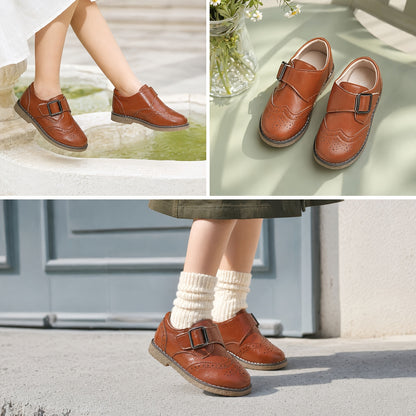 Toddler Little Big Boys Girls Oxford Dress Shoes, Brown Brogue Wingtip Adjustable Strap Shoes, Soft Non-Slip Wear-Resistant Sole, Breathable Lightweight Comfortable for School Wedding Party Daily Outdoor Wear
