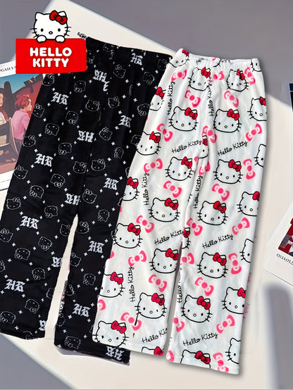 Sanrio KT Cat Pajama Pants for Women - 2pcs Sleepwear Set with Cute KT Cat Face & Full-Length Pants, Cozy Flannel Pajamas for s, - Nightwear ()