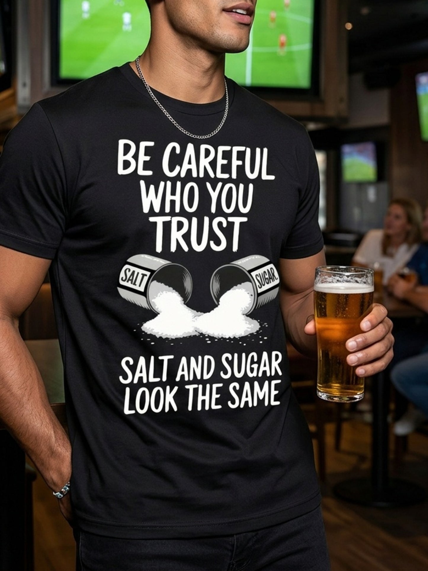 Men's Outdoor Fitness T-shirt Salt Pattern Printing, Please Be Careful Who You Trust, Spoken Short-sleeved Crew Neck Top 200g Cotton Breathable Elastic Fabric