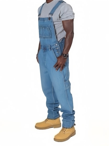 A Blue Men'S Jumpsuit, Casual Fashion Multi-Pocket, Loose Comfortable Solid Color Trend Jeans, Suitable for Spring And Autumn Season