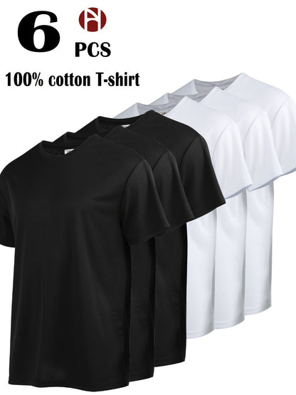 Men's 6-Pack Plus Size Cotton T-Shirts - Solid Color Crew Neck Basics