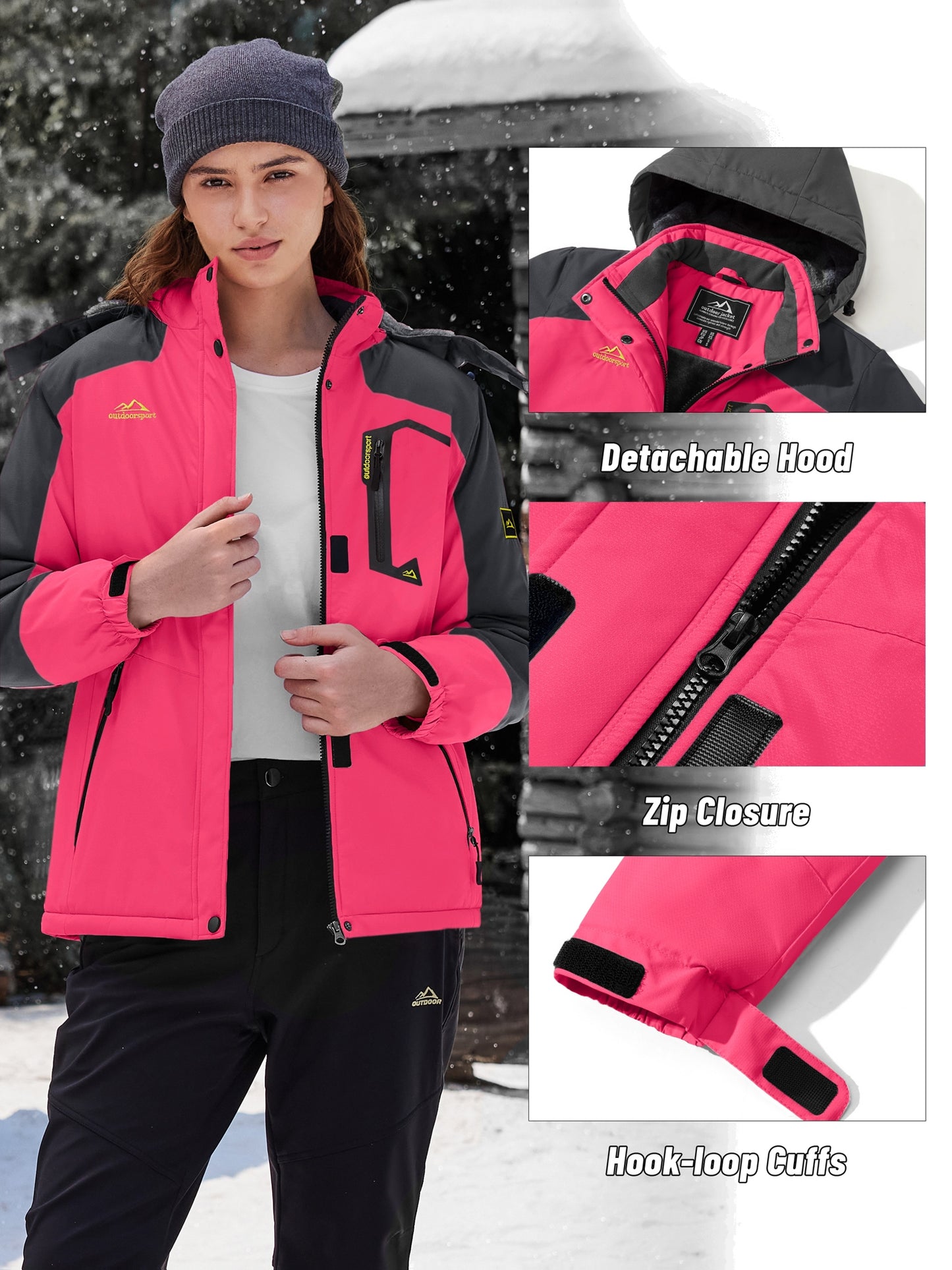 Winter Jacket for Women - Women's Ski Snowboard Jacket Thermal Fleece High Quality Insulated Snow Jacket Casual Work Jacket Outdoor Sports Coat Windbreaker Parka 4 Pockets Camping Snow Jacket Windproof Hood Warm Winter Hiking Fleece Lined Jacket