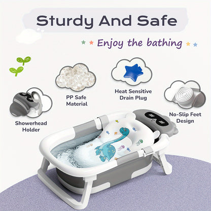 Foldable Baby Bathtub with Soft Cushion | Dinosaur Pattern, Non-Slip Feet & Sturdy Design | Perfect Baby Shower Gift/Christmas/New Year/Birthday Holiday Gift | Travel & Camping Bath Tub