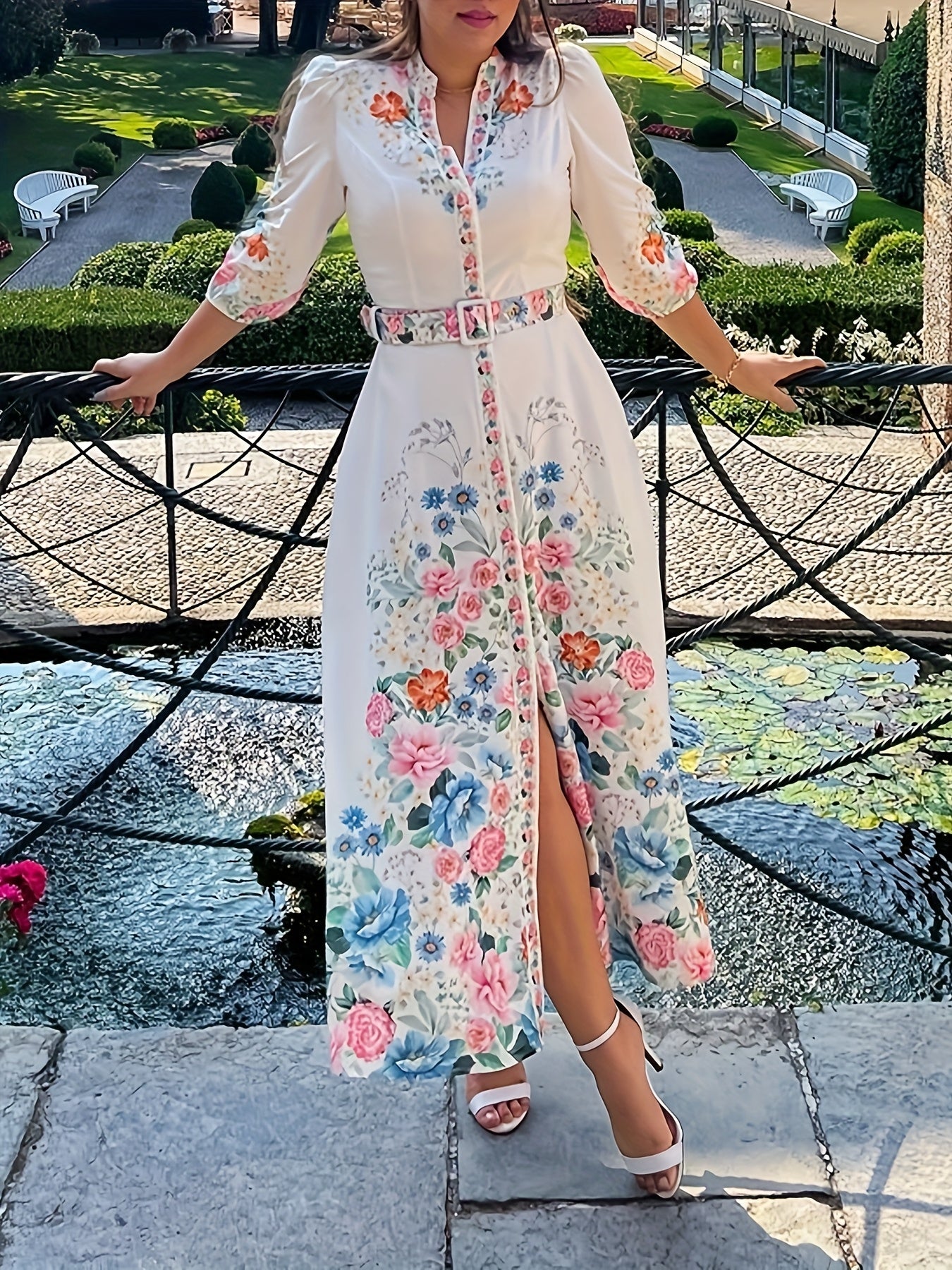 Casual A-Line Maxi Dress with Floral Print, V-Neck, Three-Quarter Sleeves, And Tied Detail
