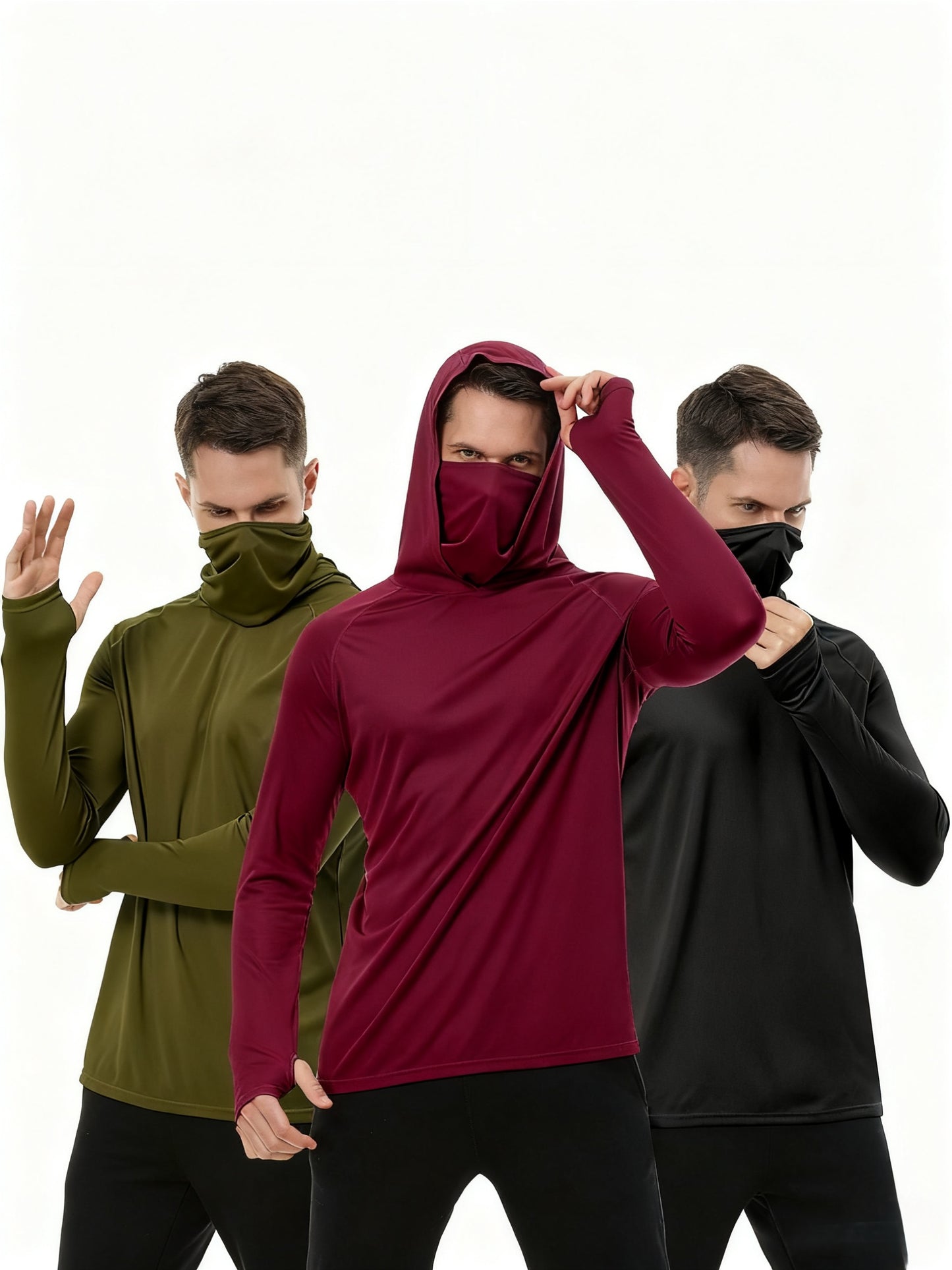 Kinglaman 3pcs Men's Fashion Hoodie Built-in Mask Trendy Lightweight, Comfortable, Quick-drying And Breathable