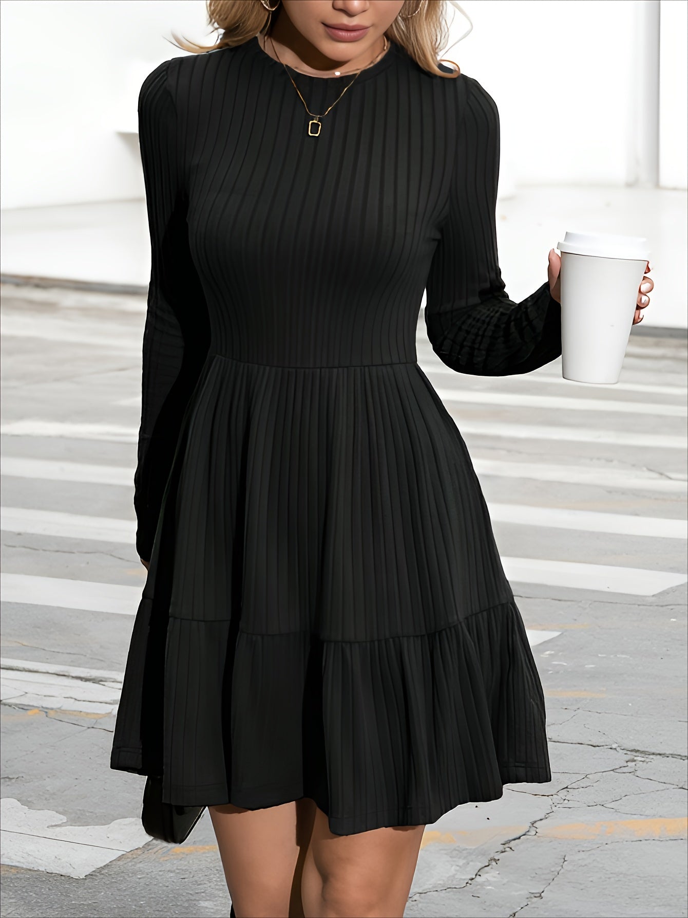Autumn Style Casual Ruffle Trimmed Skirt, Fitted A-Line Mini Spring Sweater Dress with Knee-Length Fashionable Long Sleeves, A-Line Skirt, Round Neckline, Dropped Shoulder Hem, Fabric, Short Dress, Elegant Women'S Ribbed Long Sleeve Dress