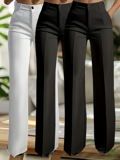2pcs Set of Women'S Elegant Solid Color Slanted Pocket Straight Leg Pants, Suit Pants, Women'S Work Pants, Office Wear, Solid Color, Machine Washable