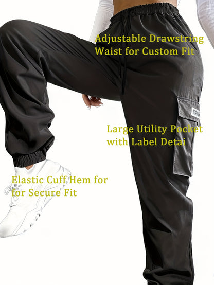 Women'S Zippered Pocket Cargo Pants, Stylish Large Pocket Design, Drawstring Elastic Waistband, Casual Outdoor/everyday Wear Trousers