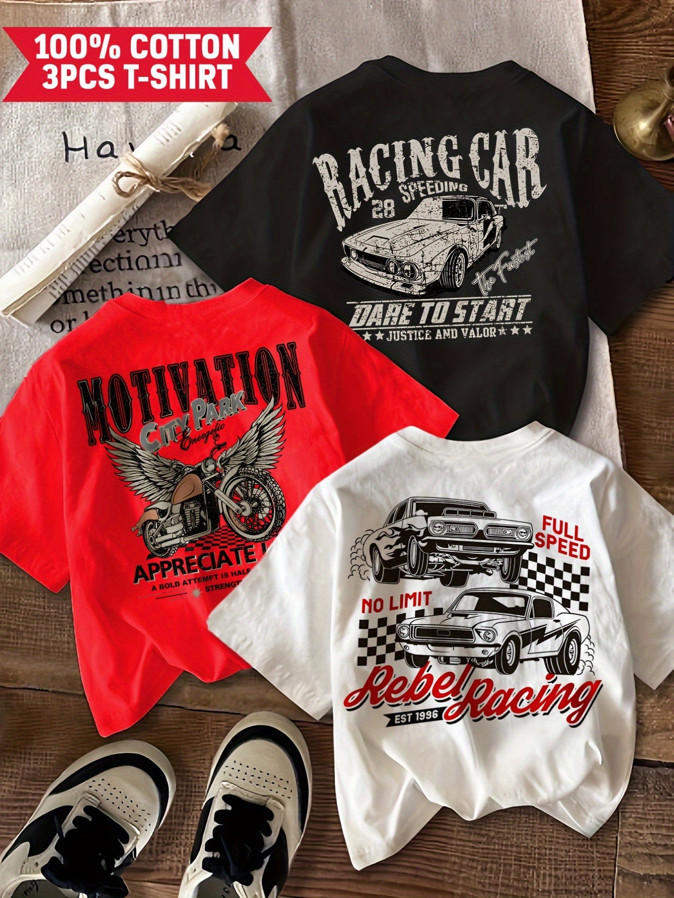3 Summer New 100% Retro Racing Printed Pattern Boys' Casual Car Design Round Neck Short Sleeve Black Pink White Boy T-Shirt