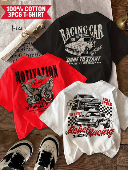 3 Summer New 100% Retro Racing Printed Pattern Boys' Casual Car Design Round Neck Short Sleeve Black Pink White Boy T-Shirt