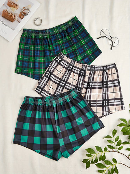 3pcs Plus Size Casual Clothing Shorts Set, Women's Plus Plaid Print Elastic Waist Stretchy Lounge Shorts 3pcs Set