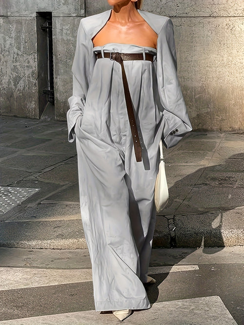 Alofi Women'S Stylish Jumpsuit Set Collarless Long Sleeve Outerwear And Strapless Wide Leg Jumpsuits Summer Loose Fit Suit
