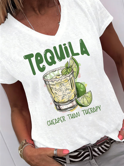 Fun And Creative Style Tequila Print Short-Sleeve (V-Neck) Shirt, Fresh And Retro Style. Women'S Short-Sleeve (V-Neck) Shirt for Spring And Summer. Casual And Versatile, Suitable for Home Wear. Comfortable And Breathable