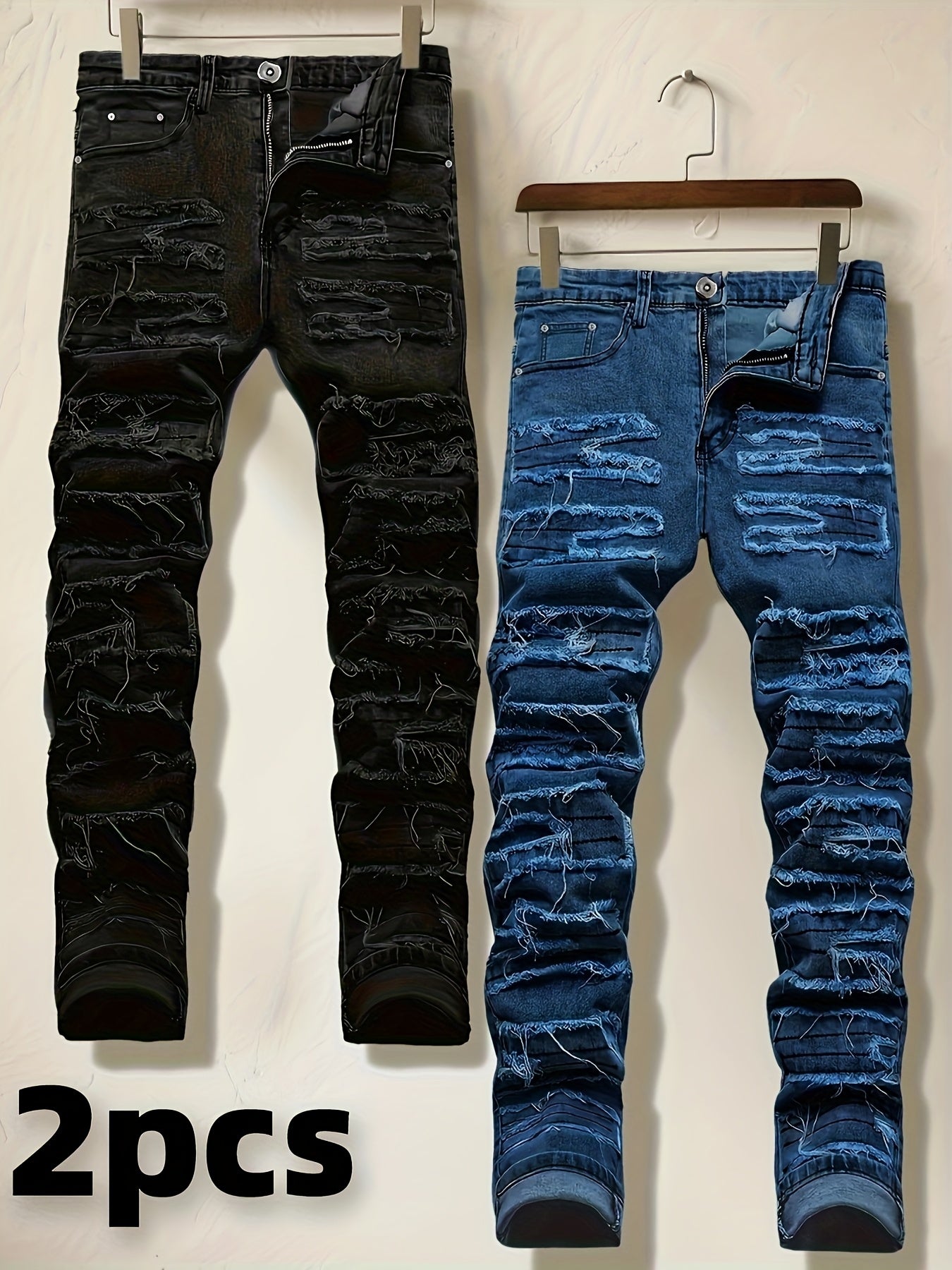 2-Pc Men'S Slim Fit Straight Leg Jeans - Y2K Retro Distressed Frayed Hem & Classic Styles, Trendy Versatile Streetwear Denim Pants for Casual Outfits