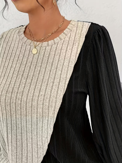 2pcs Round Neck Color-blocked Irregular Hem Top + Straight Trousers Women's Suit