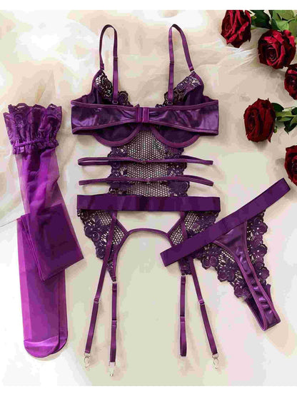 3pcs Sexy Semi-Sheer Lace Mesh Satin Lingerie Set with Garter Belt for Women, Contrast Lace Garter Bustier Bodysuit, Adjustable Strap Babydoll Corset with Stockings, Halloween Roleplay Costume, Hot Outfit Party Clothing Seductive Intimate Apparel Underwea