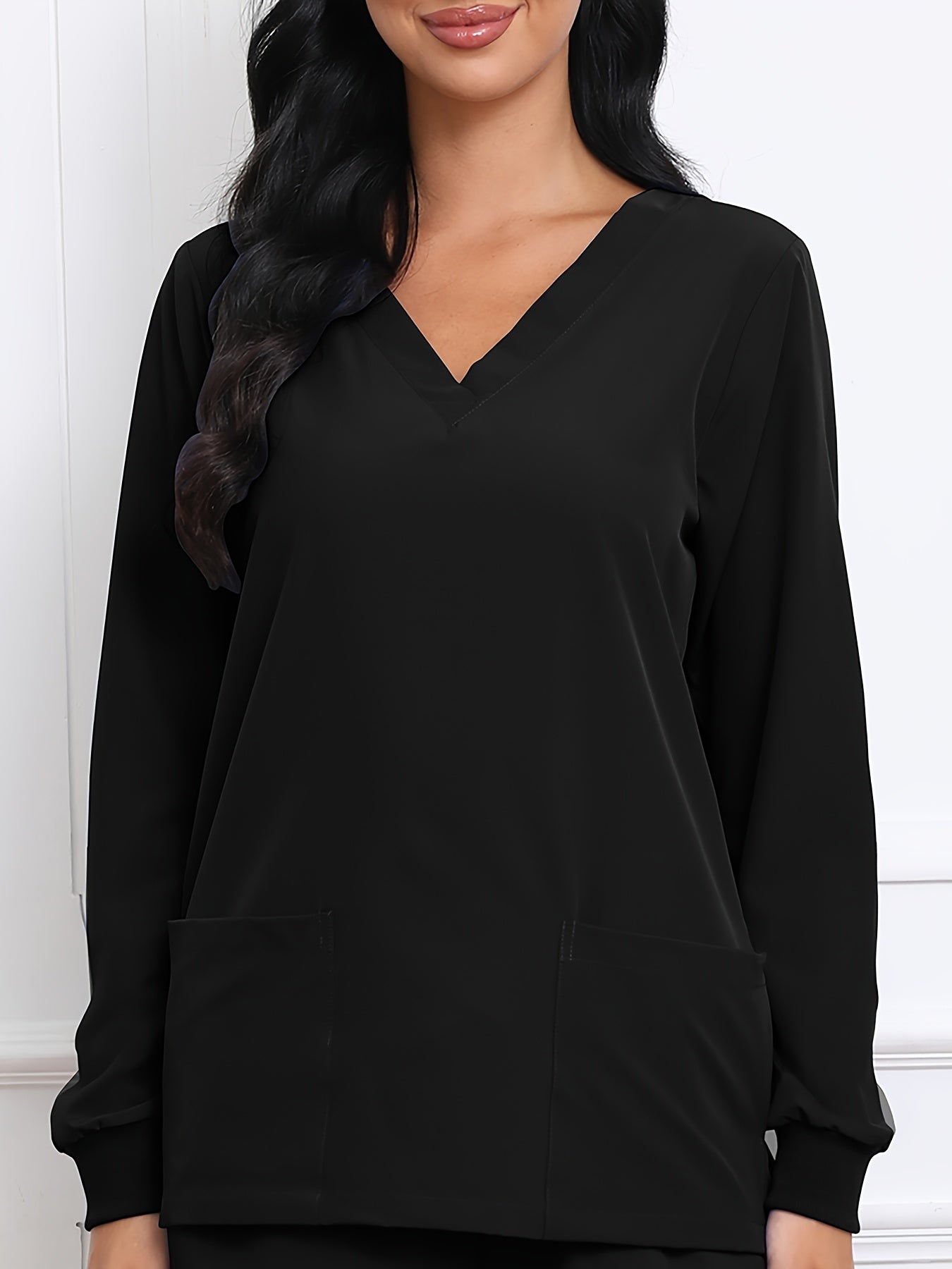 Women's V-Neck Long Sleeve Matte Breathable S Uniform Pockets Wash Clothes Work Shirt Scrubbing Top