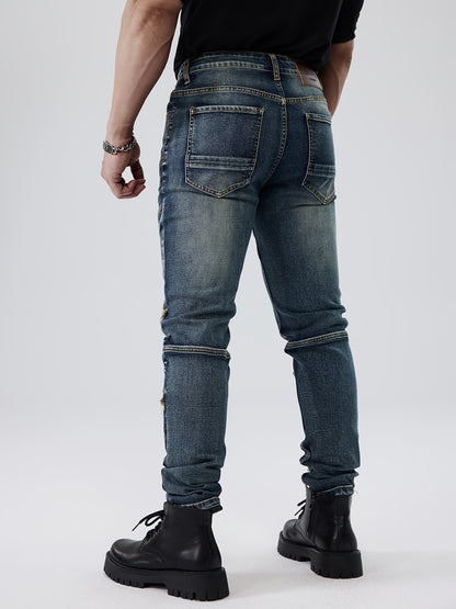 ESDVQ Men's Fashion Patchwork Vintage Washed Jeans - Slim Fit, Stretch Denim with Pockets, Casual Style, Machine Washable - Dark Blue with Light Blue & Black Accents