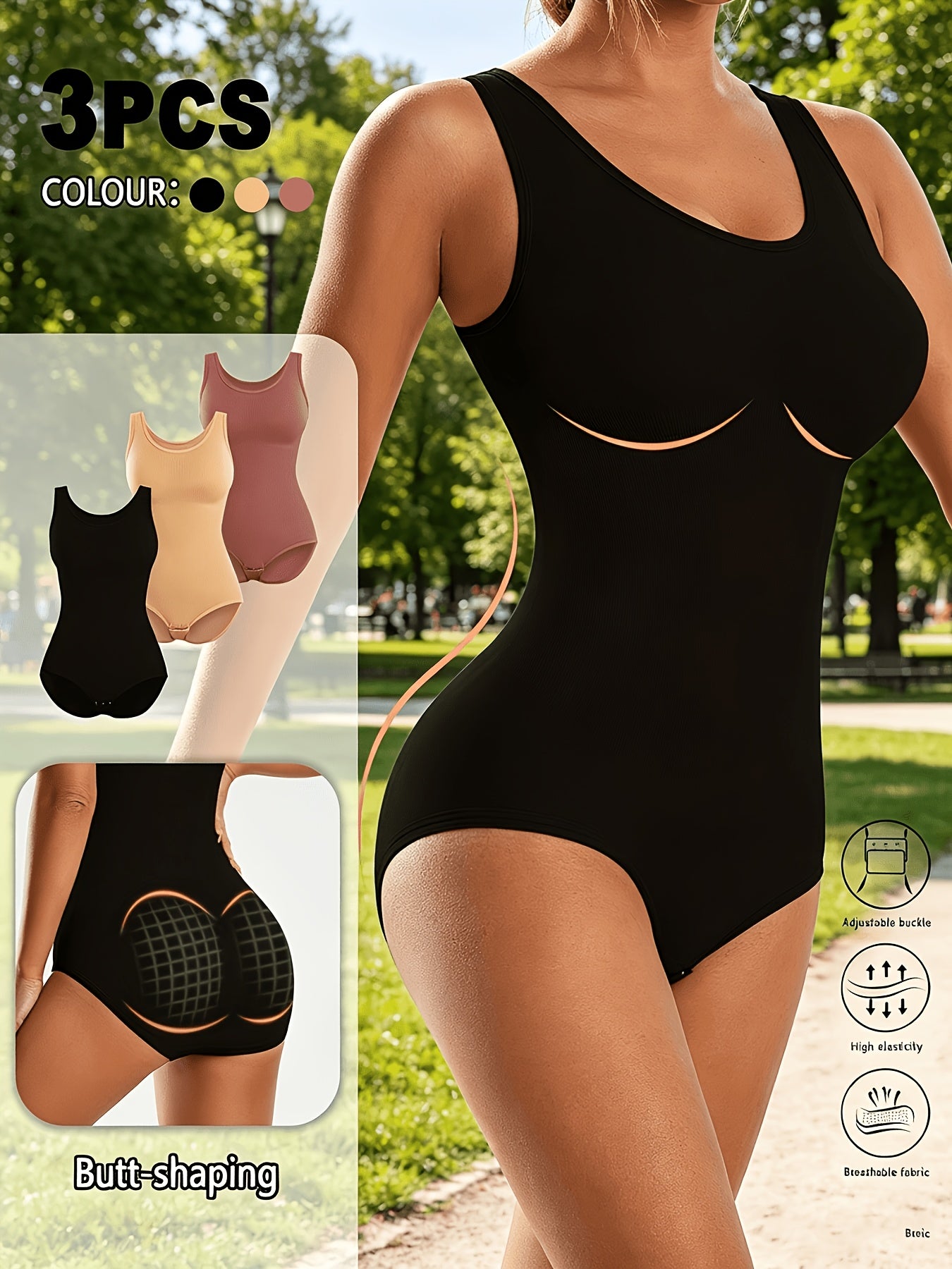 3pcs Women Sleeveless Tank Top Shapewear Bodysuit, U Neck Tummy Control Waist Cincher Shaping Body Shaper, High Stretch Breathable Sculpting Bodysuits Postpartum Body Shaping Underwear