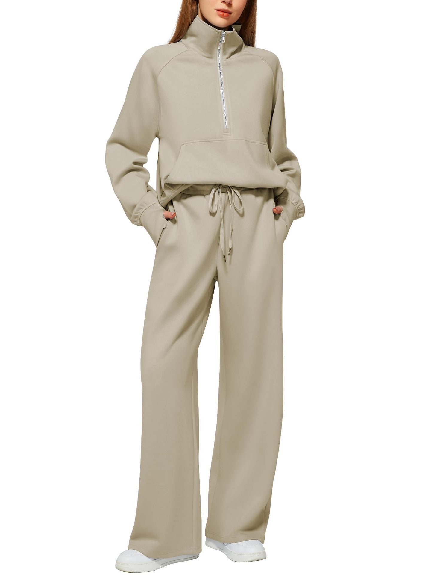 2Pcss Outfits for Women, Oversized Half-Zip Sweatshirt And Wide Leg Sweatpants Set, 2026 Spring Casual Lounge Tracksuit Women'S Trendy 2Pcss Matching Set, Oversized Quarter-Zip Pullover And Loose Wide Leg Trousers, Chic Spring Sporty Outfits