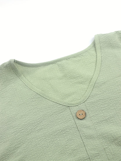 Casual Solid Color Two-Piece, Button-Front V-Neck Top And Shorts Outfit for Spring And Summer, Women'S Clothing