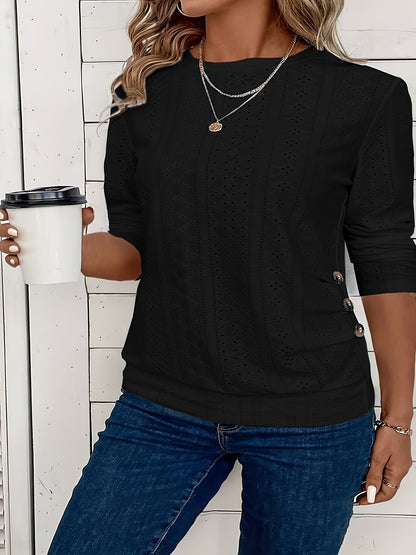 Chic Long-Sleeved Crew Neck Tee - Made from Soft Elastic, Featuring Faux Button Details, Machine Washable, Solid Hue, Length, Ideal for Spring And Autumn - Women'S Fashion Apparel